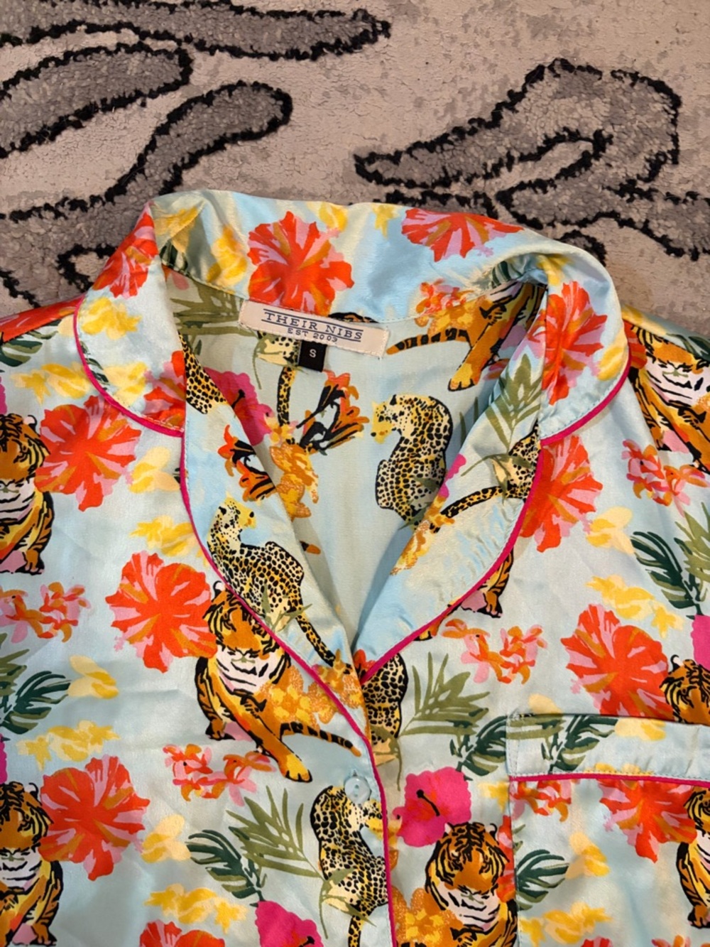 Their Nibs Tropical Animal Print Satin Pajama Top - Blue with Orange Floral
